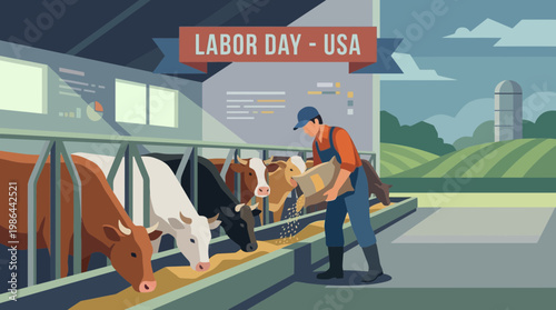 Labor Day USA Illustration of Farmer Feeding Cows in Dairy Farm