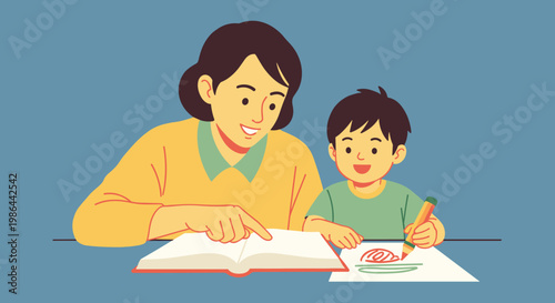 Woman and child learning together.