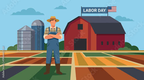 Farmer Standing in Front of Barn for Labor Day Vector Illustration
