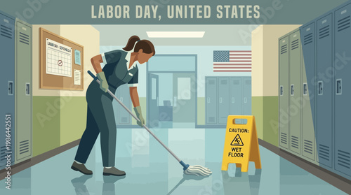 Labor Day United States Flat Illustration of Janitor Cleaning Hallway