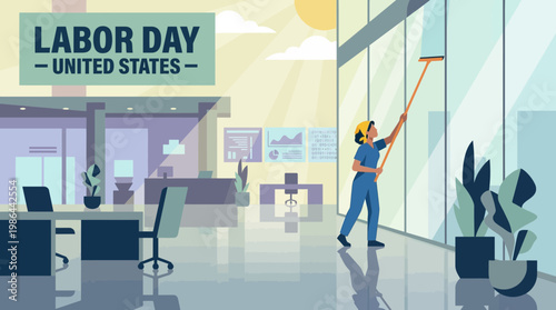 Labor Day United States Illustration of Office Worker Cleaning Window
