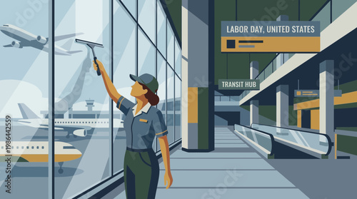 Female Worker Cleaning Glass Windows at Airport for Labor Day