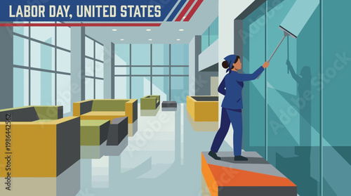 Labor Day United States Illustration of a Worker Cleaning Windows