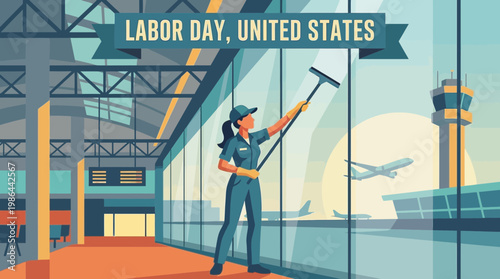 United States Labor Day banner featuring female airport cleaner