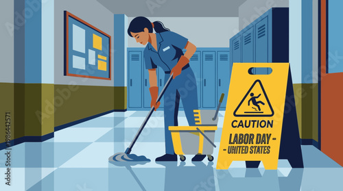 Female janitor cleaning school hallway floor for Labor Day tribute