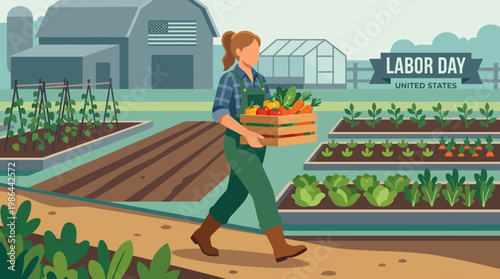 US Labor Day Illustration of Woman Farmer Carrying Fresh Produce