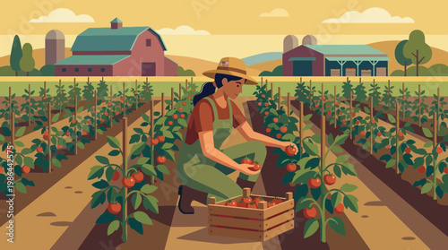 Female farmer harvesting ripe tomatoes in organic rural field