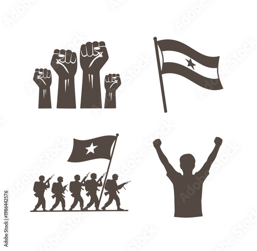 Kurdistan flag and protest symbols with soldiers marching and raised fists