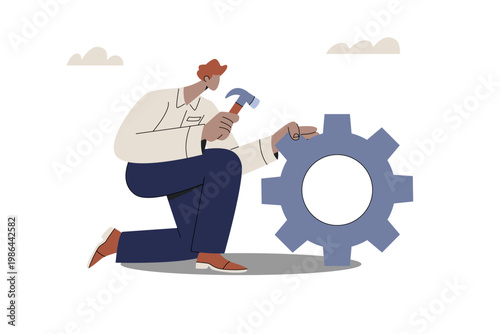 Businessman holding a hammer adjusting a large gear. Concept of business optimization, Flat vector design illustration.
