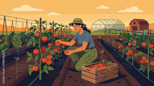 Female Farmer Harvesting Organic Tomatoes in Smart Agricultural Farm
