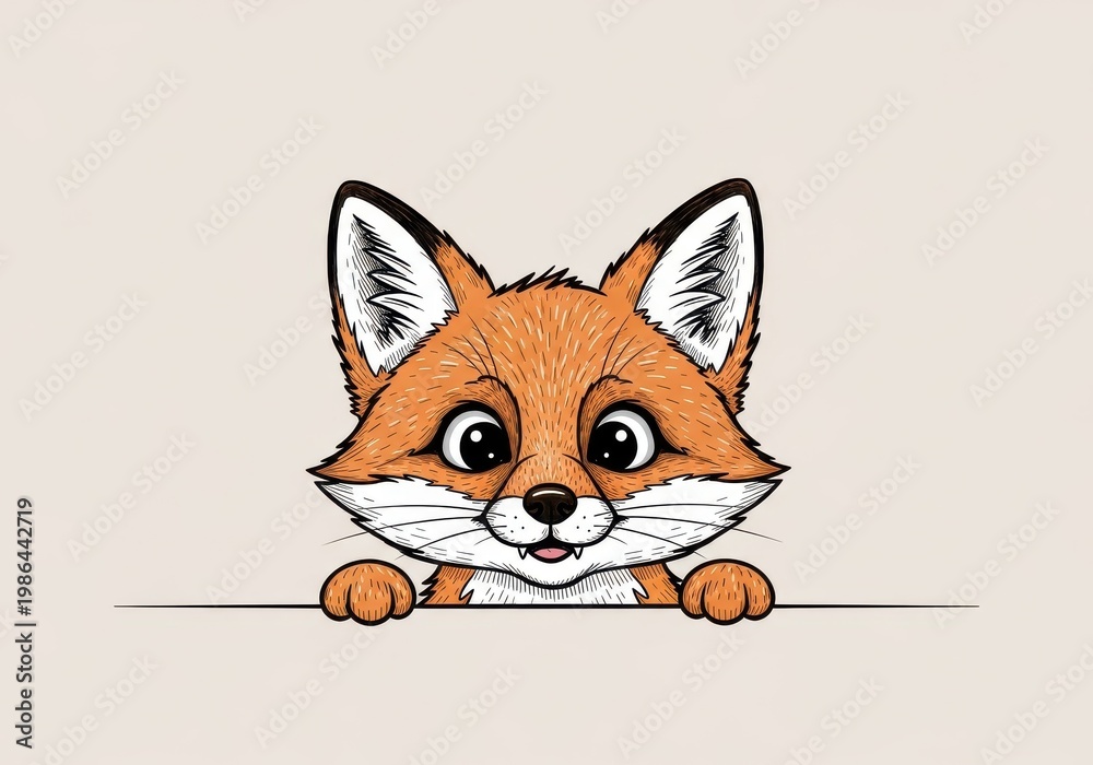 Obraz premium Cute cartoon fox peeks over a blank edge on a light background.