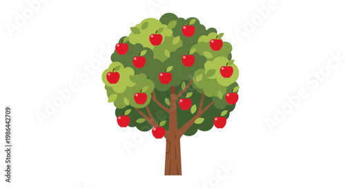 Cartoon Apple Tree with Ripe Red Apples and Green Leaves