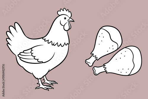 Black and white illustration of a chicken and drumsticks