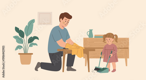 Father and daughter cleaning together.