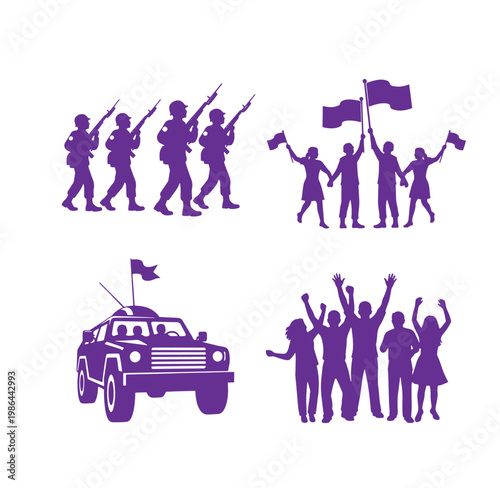 Purple silhouettes of people protesting and soldiers with flags and vehicle