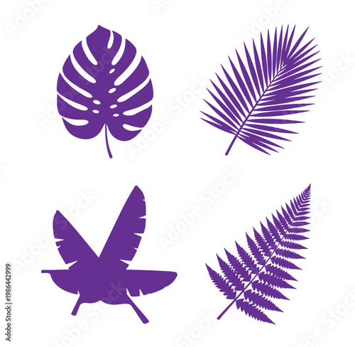 Purple tropical leaf and butterfly silhouettes on white background for design