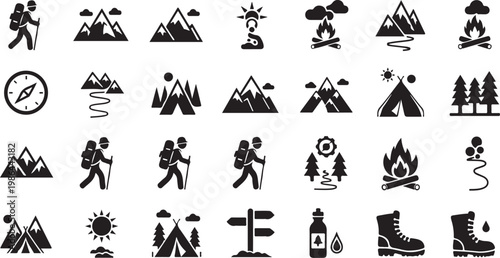 Camping and hiking icons on white background