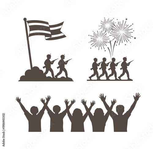 Silhouette illustrations of soldiers and people celebrating with fireworks and flag  military and victory concepts
