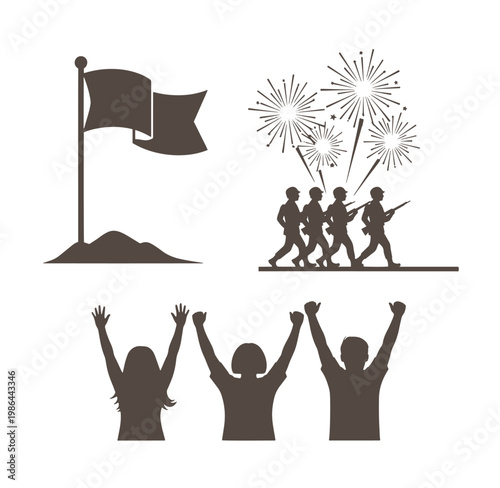 silhouette of people celebrating with flag and fireworks on white background