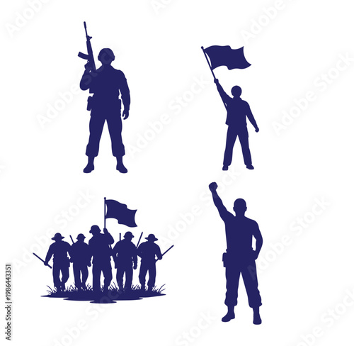 Silhouette of soldiers and people holding flags and weapons in various poses on white background