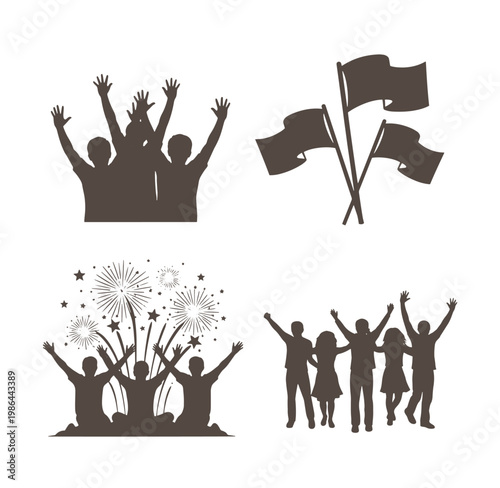 Silhouettes of people celebrating with flags and fireworks on white background