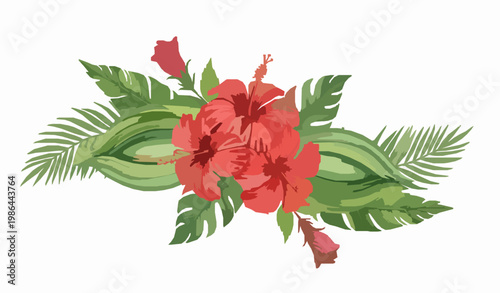 Tropical hibiscus watercolor arrangement with red flowers and lush green leaves elegant botanical vector illustration isolated on white
