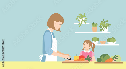 Woman and girl preparing vegetables.