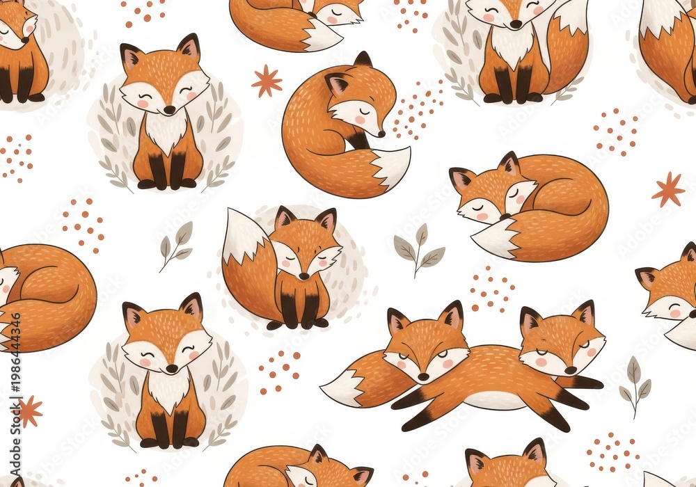 Fototapeta premium Cute cartoon foxes are arranged in a repetitive seamless pattern on a white background.