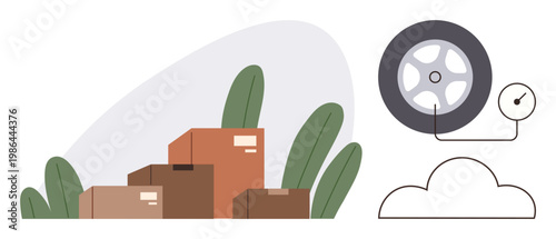 Shipping, delivery services, logistics, transportation, efficiency, maintenance. Cardboard boxes near plants and a tire with a pressure gauge graphic. Shipping and delivery services concept