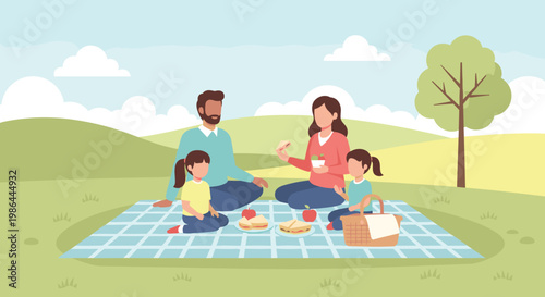 Family having picnic on blanket outdoors.