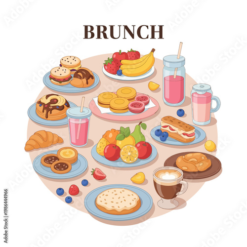 Vector illustration of a diverse brunch spread featuring plates of croissants, pancakes, assorted pastries, fresh fruit bowls, smoothies in glass jars, and a cup of hot latte coffee.