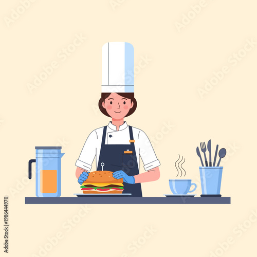 Flat vector illustration of a female cafeteria worker or professional chef wearing a white hat, blue apron, and gloves, serving a large cheeseburger next to juice and coffee.