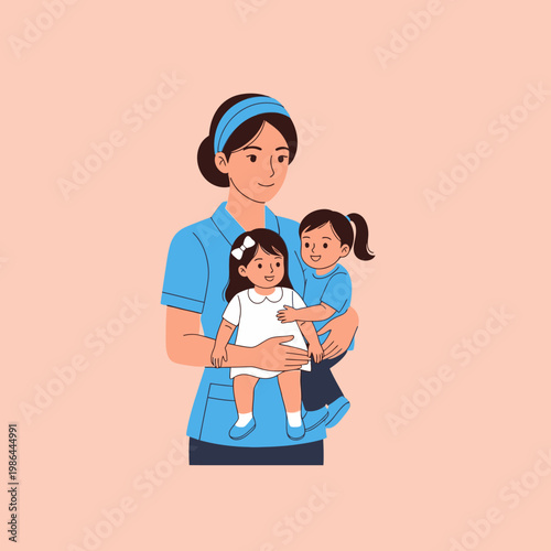Flat vector illustration of a professional childcare provider in a blue uniform holding two young children on a solid peach background for nursery or daycare concept.
