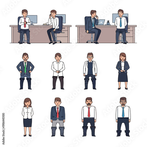 Vector illustration set of diverse male and female office workers in professional business attire with their trousers pulled down to their ankles, representing No Pants Day humor.