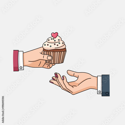 Vector illustration of a hand in a red suit sleeve giving a decorated cupcake with a pink heart topper and colorful sprinkles to another hand with pink nails in a dark suit sleeve.