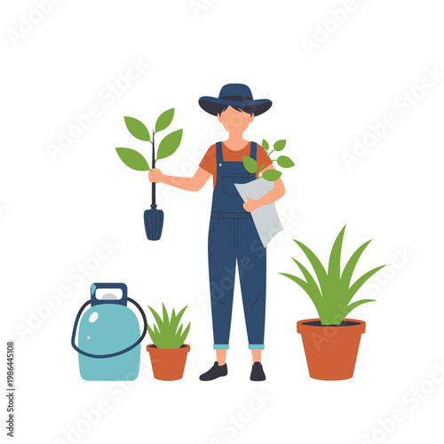 Vector illustration of a gardener in denim overalls and sun hat holding a tree sapling and plant seedlings, standing with potted houseplants and a blue garden sprayer tool.