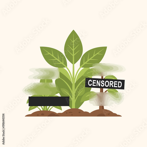 Flat vector illustration of green leafy plants growing in soil featuring humorous censorship elements including a black bar, motion blur, and a sign with white censored text.