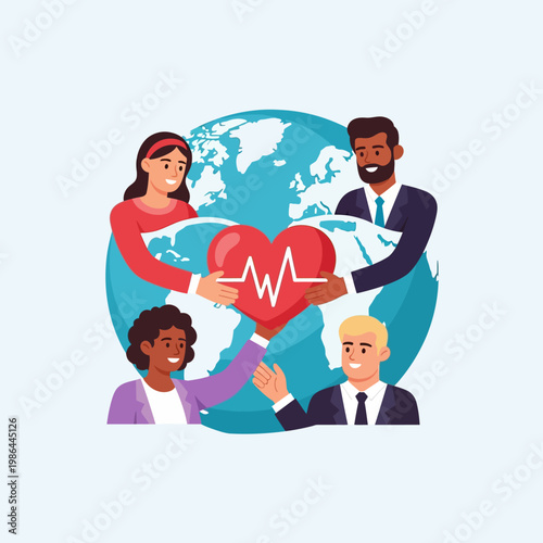 A diverse group of four multiethnic people holding a large red heart with a heartbeat pulse line in front of a blue stylized world map globe, representing global health and unity.