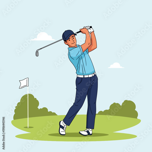 Flat vector illustration of a male golfer in a blue shirt and cap completing a swing follow-through on a green fairway with a flagstick, green bushes, and blue sky.