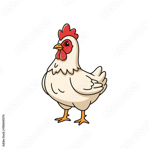 Vector illustration of a white cartoon chicken with a red comb and wattle standing in profile, isolated on a white background, suitable for agricultural and farm-themed designs.