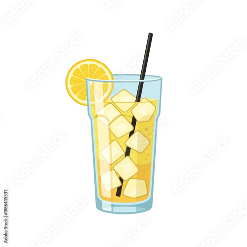 Vector illustration of a tall clear glass filled with yellow lemonade, multiple square ice cubes, a black drinking straw, and a fresh lemon slice garnish on white background.