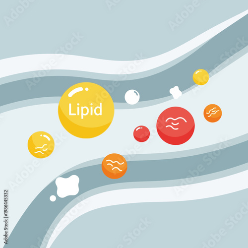 Flat vector illustration of lipid and cholesterol molecules flowing through a stylized blood vessel with colorful abstract spheres and fluid wave patterns on a blue background.