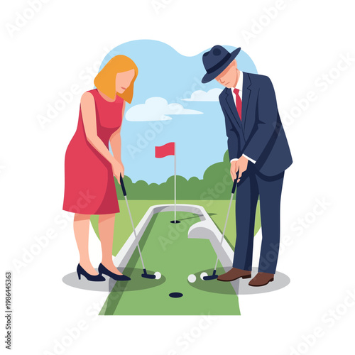 Flat vector illustration of a man in a business suit and fedora playing mini golf with a woman in a red sleeveless dress on a green course with putters, golf balls, and a red flag.