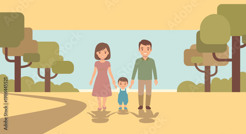 Happy family walking on the road.