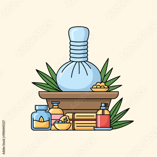 Vector illustration of a spa and wellness set featuring a traditional herbal massage compress ball, essential oils, a scented candle, bamboo leaves, and folded towels in a bowl.