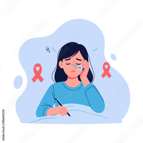 Vector illustration for sleep apnea awareness depicting a tired woman sitting in bed with a nasal oxygen tube, holding a pen, with red awareness ribbons on a blue background.