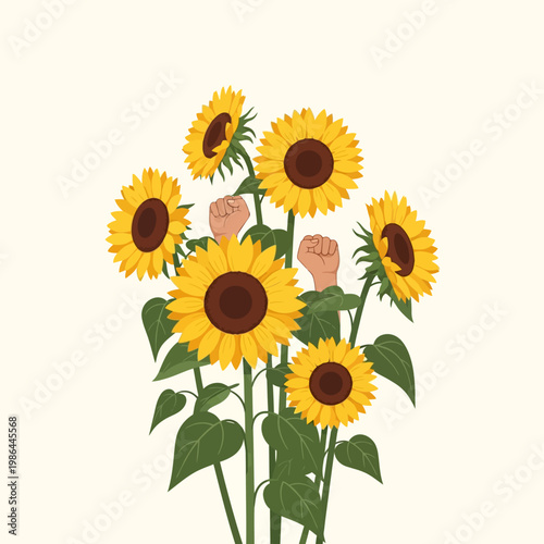 Flat vector illustration of yellow sunflowers with green leaves and two human clenched fists raised among the flower stems, symbolizing environmental activism and eco protest.