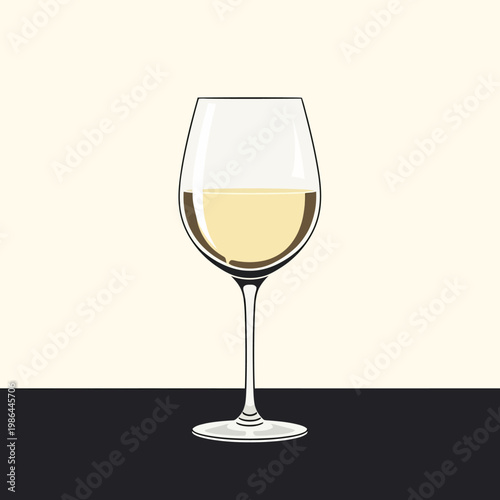 Minimalist vector illustration of a single glass of white wine or Sauvignon Blanc standing on a flat black surface against a plain light background with clean simple lines.