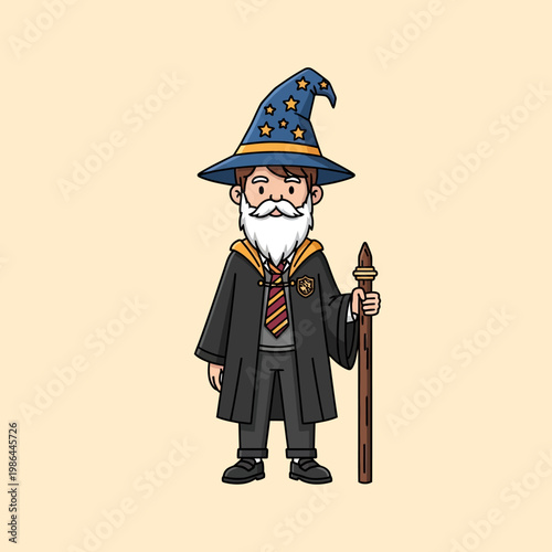 Vector illustration of a male wizard character wearing a blue pointed hat with gold stars, a white beard, black robes with a crest, and a striped tie, holding a wooden magic staff.