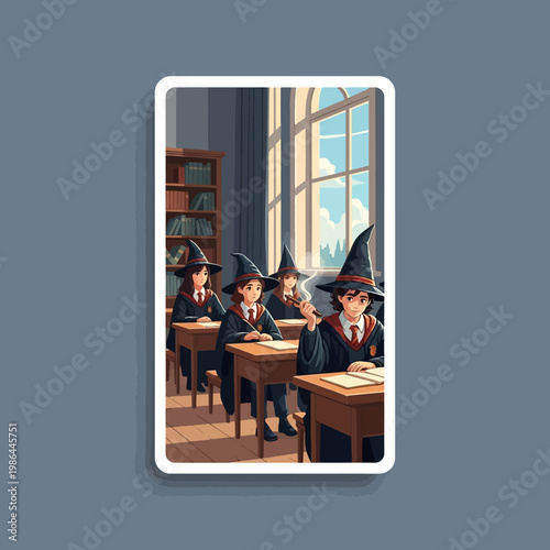 Fantasy illustration of young magic students wearing wizard hats and school robes, sitting at desks in a classroom with a large arched window and a bookshelf filled with books.